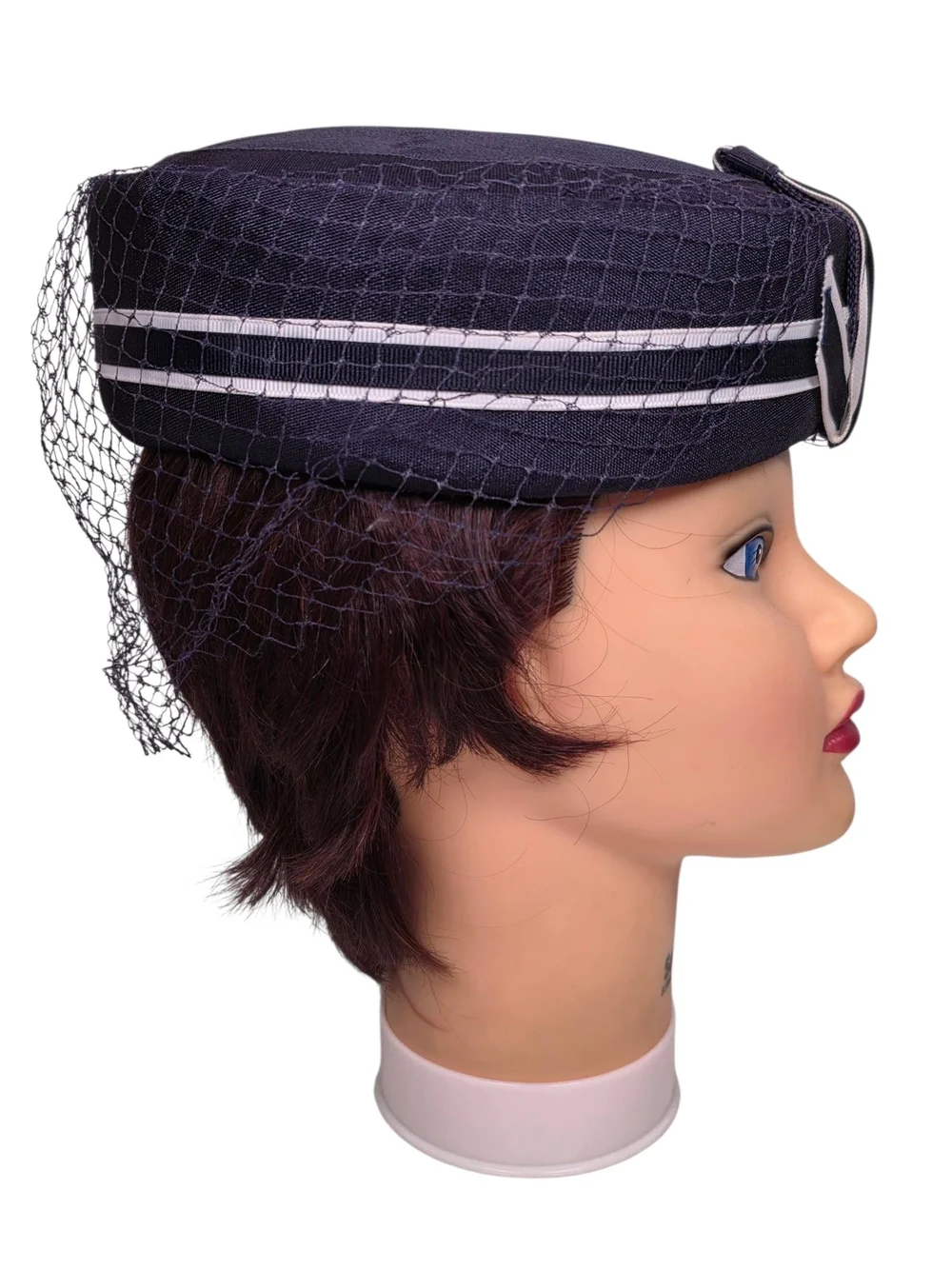 Vintage 1960s Navy Blue Pillbox Hat Veil Netting Bow Union Made USA Mid Century